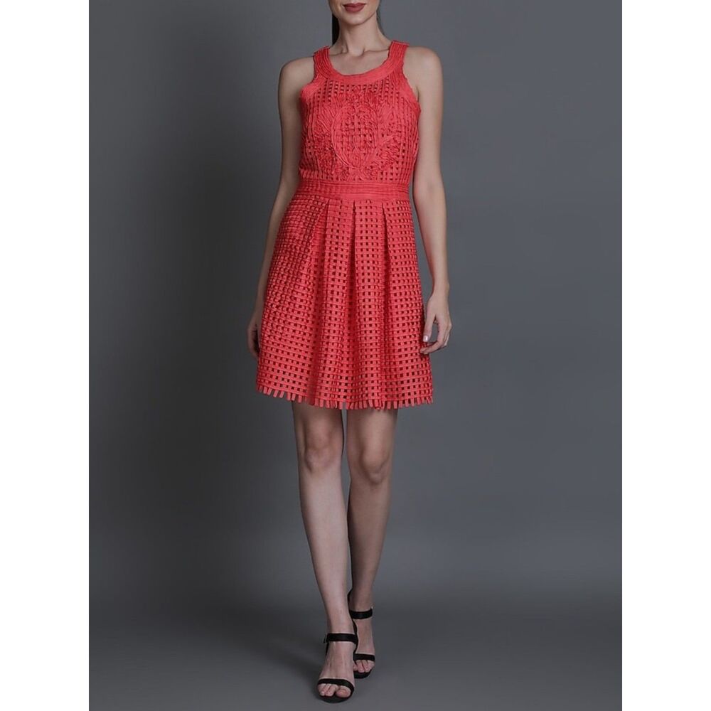 Anthropologie Yoana Baraschi Dress Size 10 Coral Fit Flare Sleeveless Eyelet